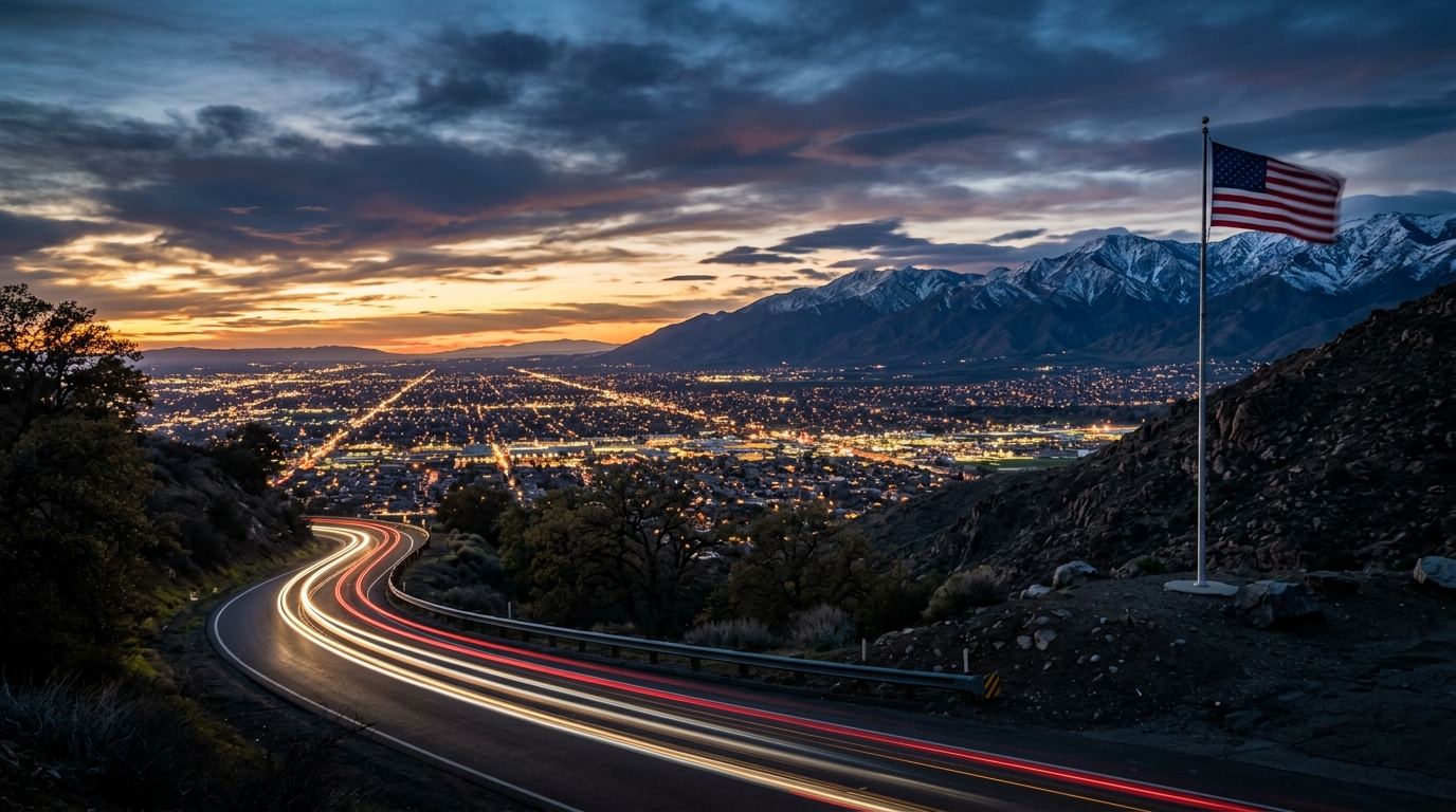 Central California San Joaquin Valley at sunset with the Sierra Nevada and an American flag